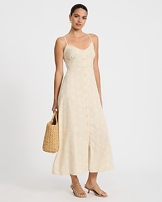 Floral Linen-Blend V-Neck Button Front Midi Dress