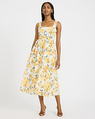 Cotton Floral Eyelet Square Neck Midi Fit and Flare Dress