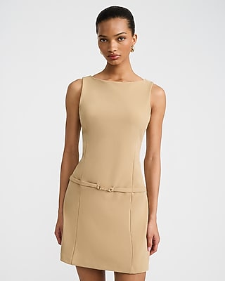 Crepe Boat Neck Sleeveless Belted Mini Sheath Dress