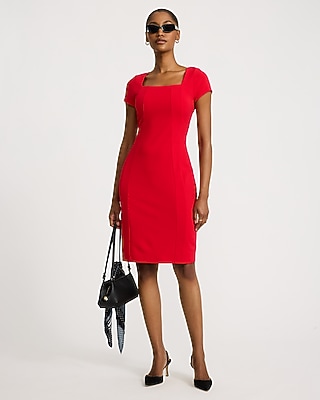Crepe Square Neck Short Sleeve Seamed Midi Dress