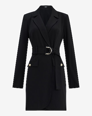 Crepe Collared V-Neck Belted Blazer Mini Dress with Pockets