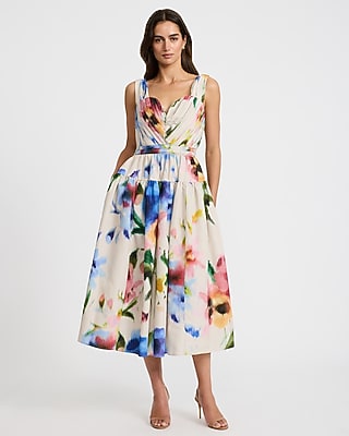 Floral Sweetheart V-Bar Pleated Midi Dress with Pockets