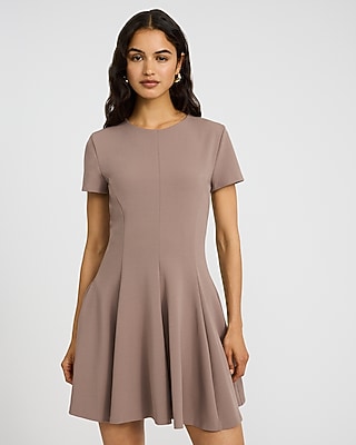 Crepe Crew Neck Seamed Mini Fit and Flare Dress with Pockets