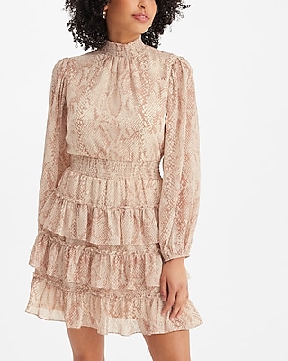Cocktail & Party Snakeskin Print Mock Neck Long Sleeve Tiered Ruffle Dress