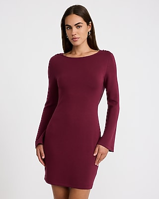 Boat Neck Bell Sleeve Cowl Back Mini Dress