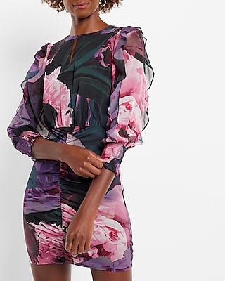 Cocktail & Party Floral Ruffle Sleeve Ruched Mini  Dress