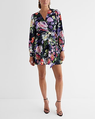 V-neck Floral Print Tie Waist Waistline Cocktail Short Long Sleeves Party Dress