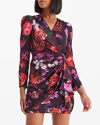 Cocktail & Party Satin Floral V-Neck Puff Sleeve Ruffle Mini  Dress