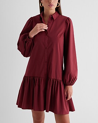 Work,Casual Ruffle Hem Oversized Poplin Mini Shirt Dress
