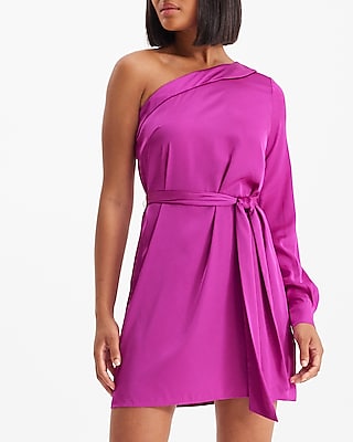 Cocktail & Party Satin One Shoulder Tie Waist Mini Dress Purple Women's XS