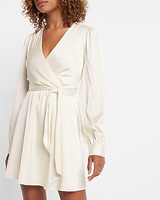 Work,Date Night Satin Long Sleeve Tie Waist Mini Dress White Women's M