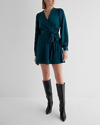 Work,Date Night Satin Long Sleeve Tie Waist Mini Dress Green Women's XL