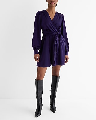 Work,Date Night Satin Long Sleeve Tie Waist Mini Dress Purple Women's M