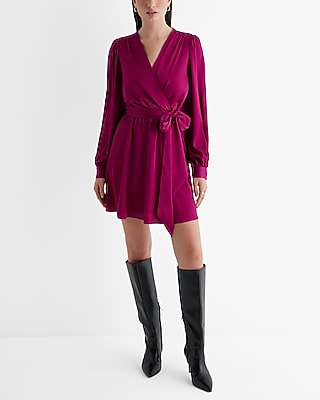 Work,Date Night Satin Long Sleeve Tie Waist Mini Dress Pink Women's XS