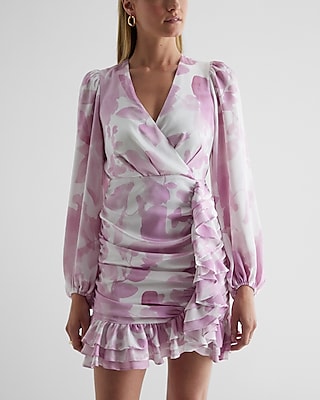 Cocktail & Party Floral Satin Faux Wrap V-Neck Ruched Ruffle Mini Dress