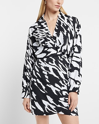 Work Printed V-Neck Collared Wrap Front Mini Portofino Shirt Dress