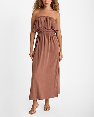 Strapless Elasticized Waistline Slit Maxi Dress