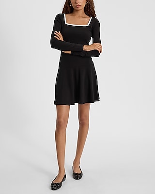 Square Neck Short Fitted Dropped Waistline Fit-and-Flare Long Sleeves Dress