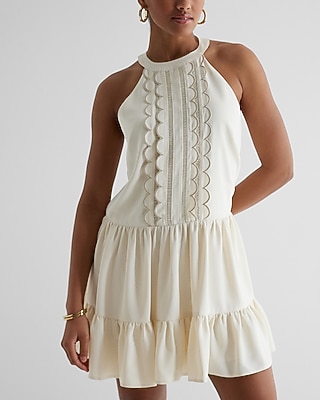 Casual Halter Neck Scalloped Front Mini Tunic Shift Dress White Women's XS