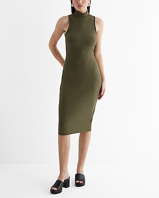 Casual Ribbed Mock Neck Sleeveless Midi Dress Green Women's L