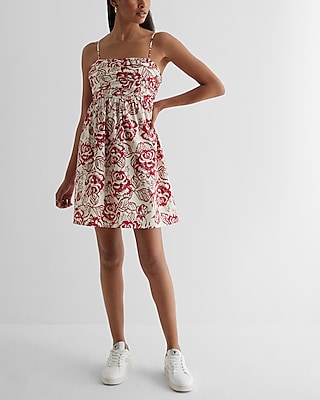 Casual Printed Square Neck Ruched Mini Babydoll Dress