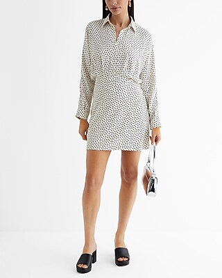 Work Polka Dot Half Button Up Mini Portofino Shirt Dress Black Women's