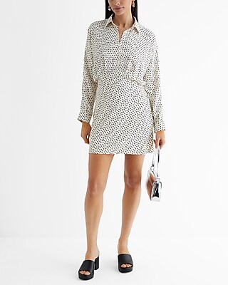 Work Polka Dot Half Button Up Mini Portofino Shirt Dress Black Women's L