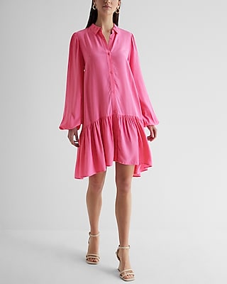 Casual Ruffle Hem Oversized Shirt Dress Pink Women's S