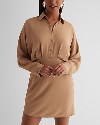 Work Collared Half Button Up Mini Portofino Shirt Dress Brown Women's L