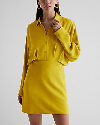 Work Collared Half Button Up Mini Portofino Shirt Dress Yellow Women's XS