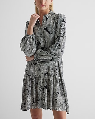 Casual Floral Ruffle Hem Oversized Shirt Dress