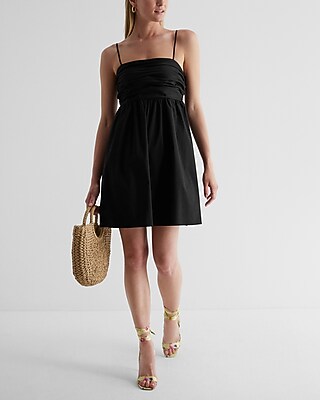 Casual Square Neck Ruched Mini Babydoll Dress Black Women's M