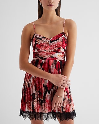 Cocktail & Party Floral V-Neck Pleated Lace Trim Mini Dress
