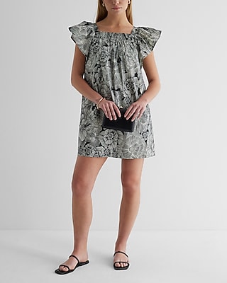Casual Floral Square Neck Flutter Sleeve Poplin Mini Tunic Shift Dress