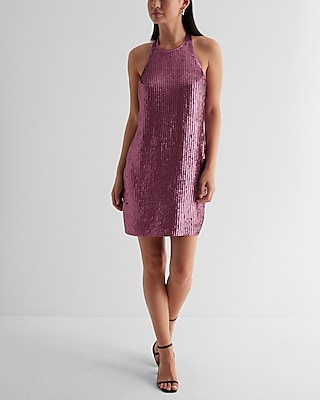 Cocktail & Party Sequin Halter Neck Open Back Mini Tunic Shift Dress Purple Women's S