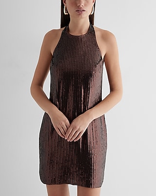 Open-Back Sequined Cocktail Short Halter Shift Party Dress/Tunic