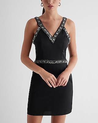 Cocktail & Party Satin Embellished Rhinestone V-Neck Mini  Dress