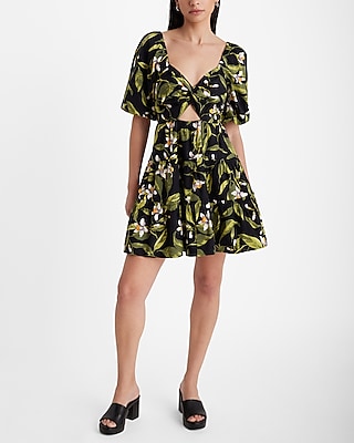 V-neck Floral Print Tiered Pocketed Cutout Smocked Dress by Express