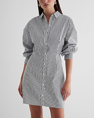 Short Poplin Fitted Striped Print Long Sleeves Shirt Dress