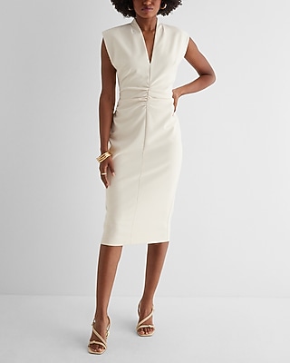 Work V-Neck Sleeveless Ruched Midi  Dress White Women's S