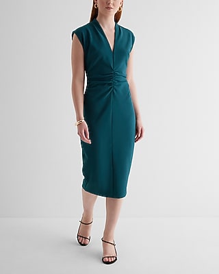 Work V-Neck Sleeveless Ruched Midi  Dress Green Women's XS