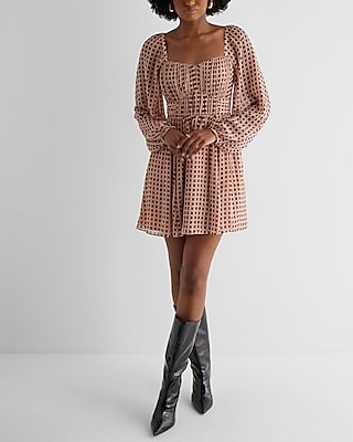 Cocktail & Party,Date Night Printed Sweetheart Neckline Long Sleeve Mini Babydoll Dress