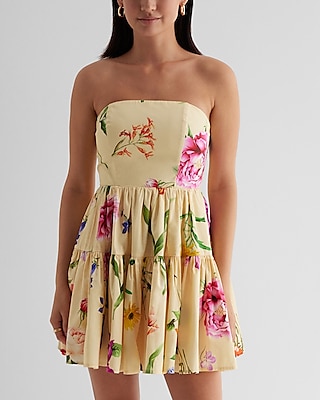 Strapless Cocktail Short Spring Floral Print Poplin Tiered Party Dress