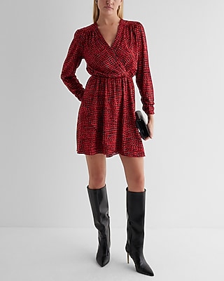 Date Night,Cocktail & Party Printed V-Neck Long Sleeve Surplice Mini Dress