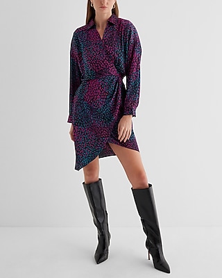 Work Printed V neck Surplice Asymmetrical Mini Portofino Shirt Dress