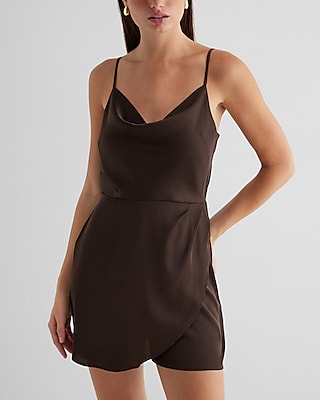 Cocktail & Party Satin Cowl Neck Surplice Romper Brown Women's M