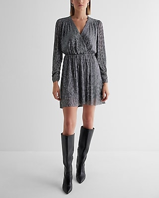 Tall V-neck Metallic Long Sleeves Cocktail Above the Knee Party Dress