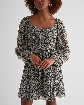 Cocktail & Party,Date Night Floral Sweetheart Neckline Long Sleeve Mini Babydoll Dress