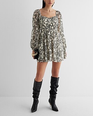 Date Night,Cocktail & Party Printed Sweetheart Neckline Long Sleeve Mini Babydoll Dress