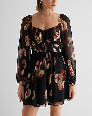 Date Night,Casual Floral Sweetheart Neckline Long Sleeve Mini Babydoll Dress